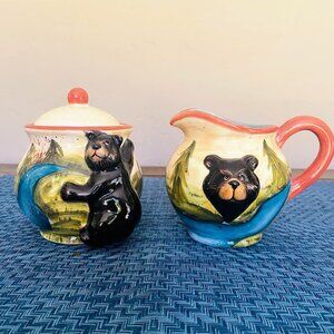Vintage Bear in the Woods Rustic Cream and Sugar Set